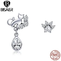 bisaer hot sale 925 sterling silver cat footprints animal clear cz stud earrings for women fashion earrings jewelry ece424