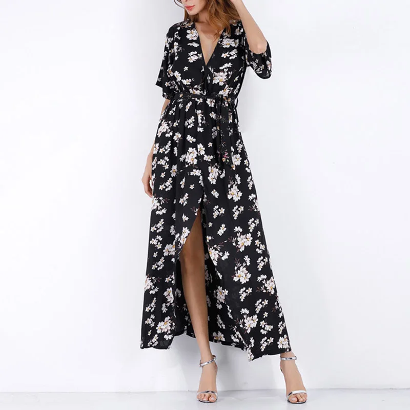 Женское платье с v образным вырезом длинное шифоновое цветочное летнее модное