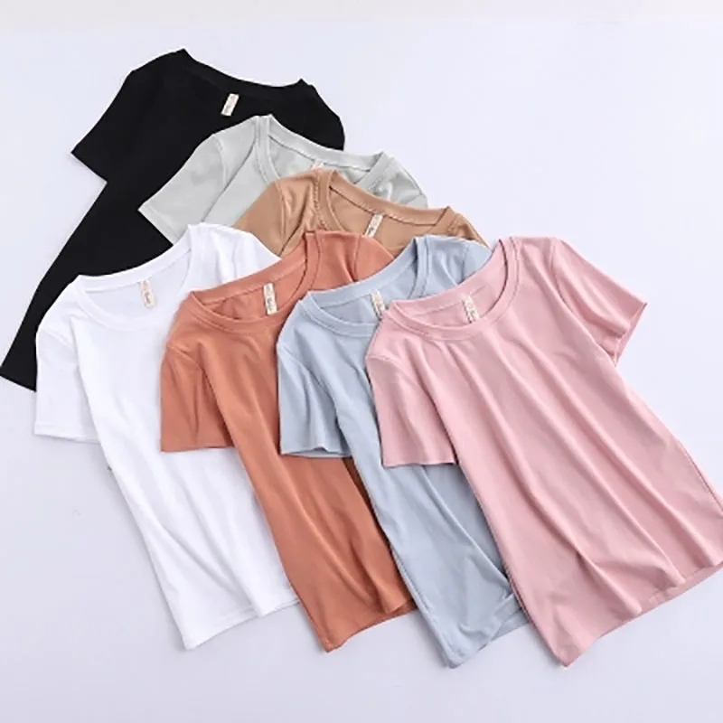 

17zq Summer Simple Solid T-shirt Women Cotton Slim O-Neck Short Sleeve Tops For Female Top Clothes Fashion Casual Tees A582