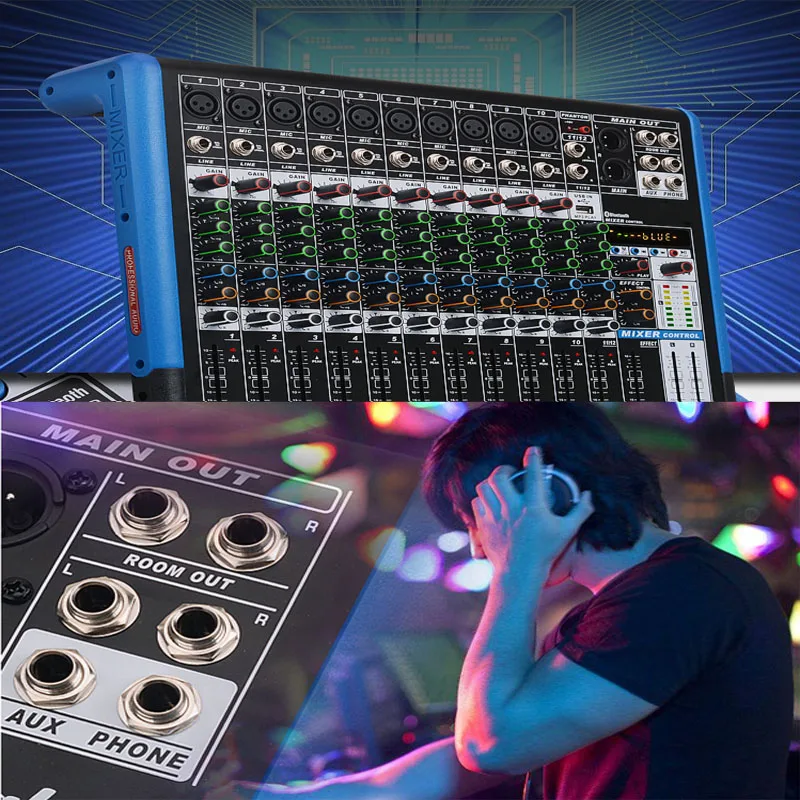 Звуковой микшерный пульт с USB Bluetooth Record+ 48V Phantom power Monitor Paths Digital Effect 12 Channel Audio Mixer
