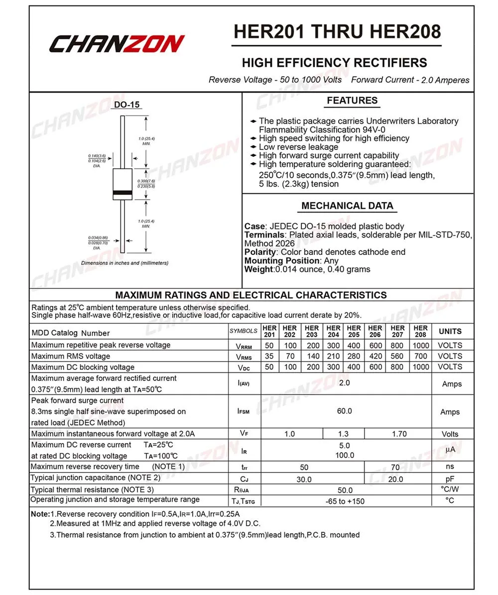 (100 шт.) высокоэффективный выпрямительный диод HER207 2 А 800 в 50 70 НС DO 15