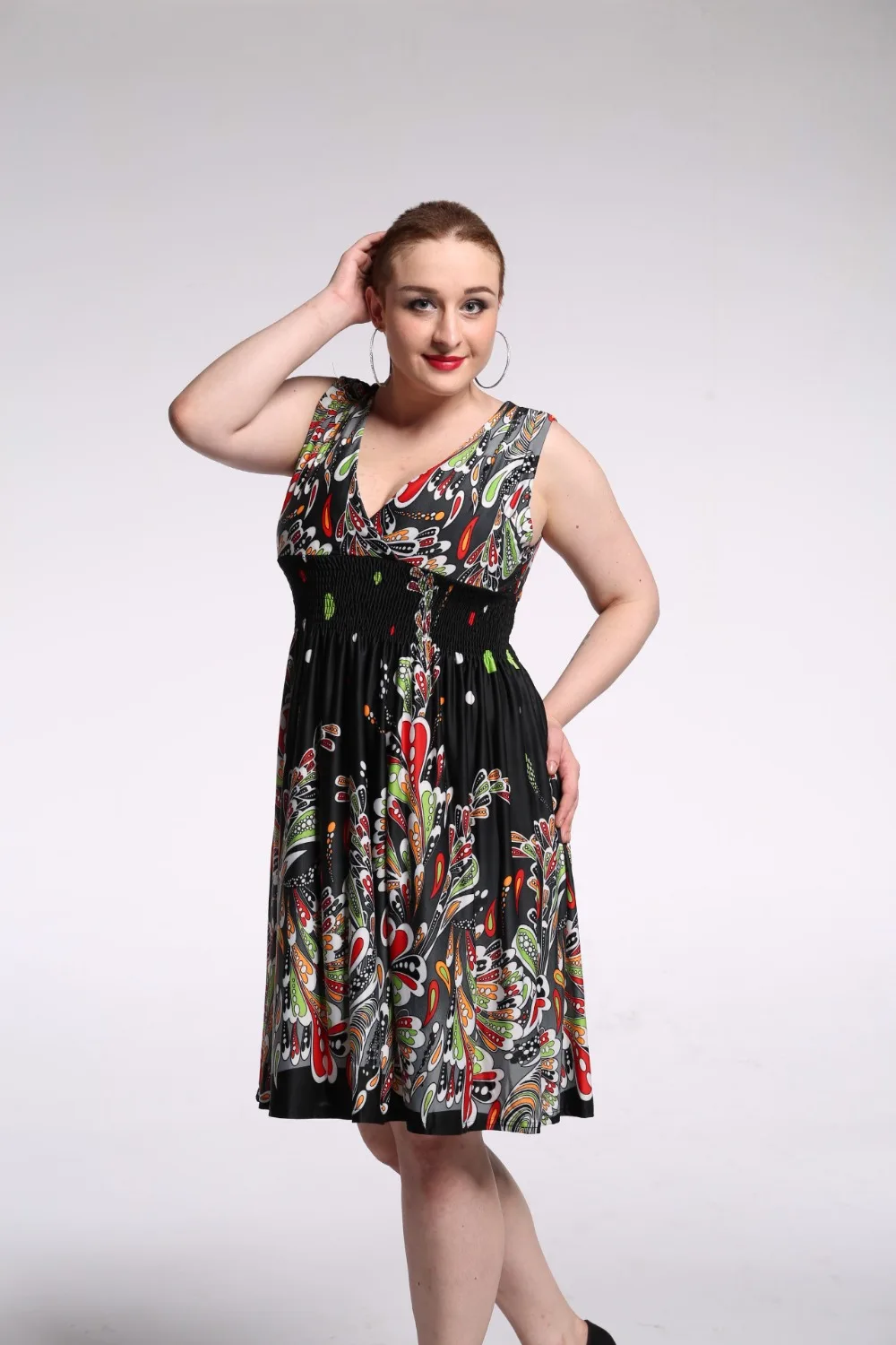 Женское бальное платье большого размера с красивым принтом летнее из полиэстера