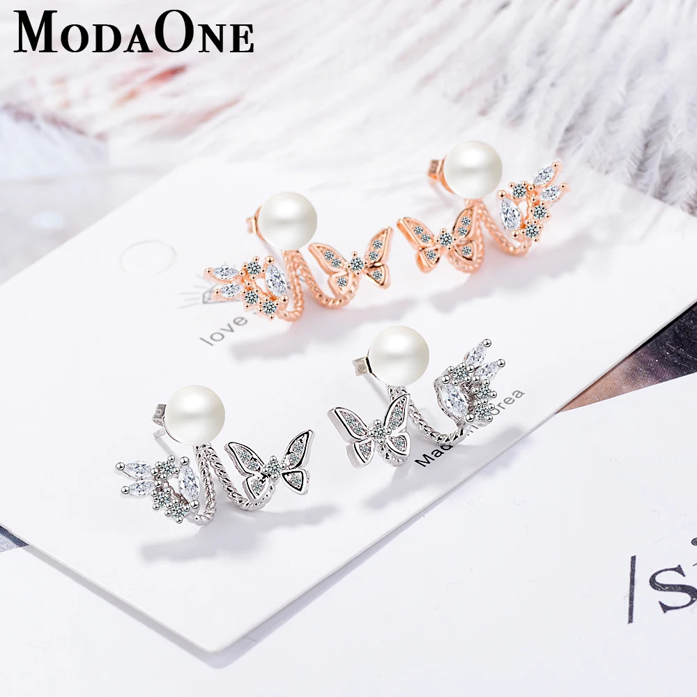 Женские серьги гвоздики из стерлингового серебра ModaOne с жемчугом и бабочкой в