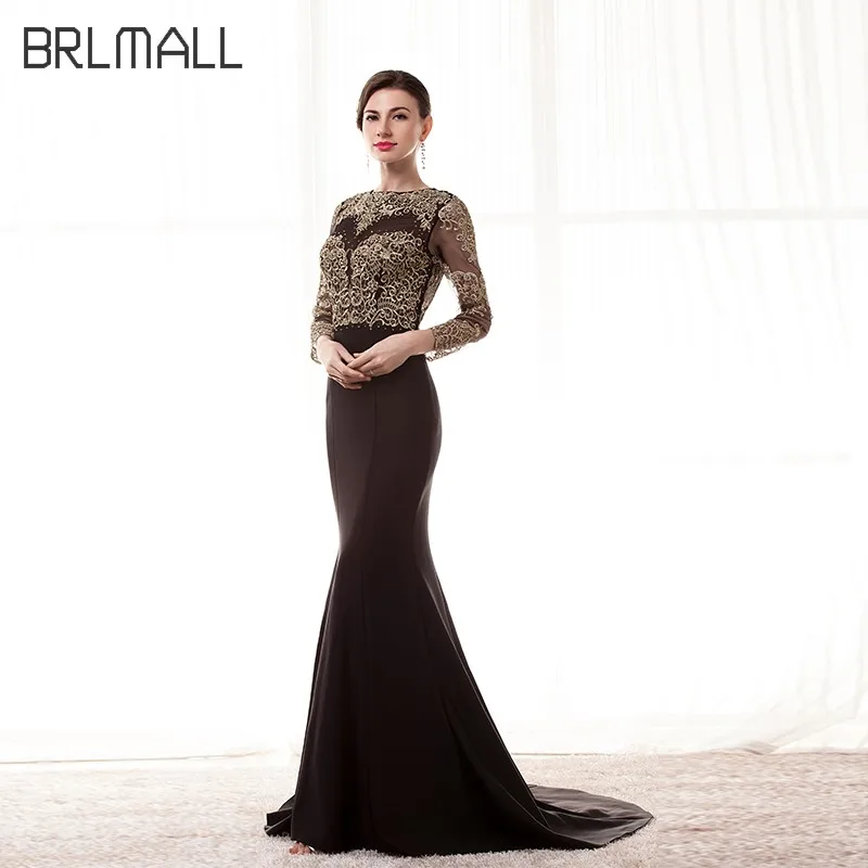 BRLMALL Русалка Пром Платья Роскошные Золотые Аппликации Длина Пола Платье Вечерние