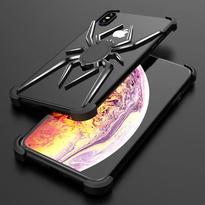 R-JUST Алюминиевый металлический чехол с пауком для iPhone 11 Pro Max XS Max XR X 8 7 Plus, чехол с Железным человеком, защитный чехол для телефона, кожаная сумка - Цвет: Черный