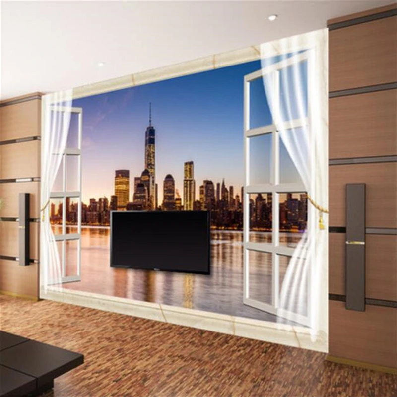 3D фотообои Beibehang на заказ фрески с окном ночным обзором Нью-Йорка гостиной
