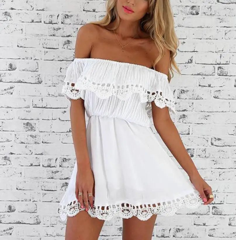Летнее повседневное пляжное платье с вырезом элегантные кружевные мини-платья
