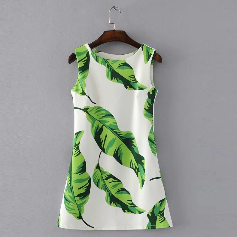 Hot Sale Summer Slim Mini Dresses Women Sleeveless Leaves Printed Elegant Party Dress Fashion Casual Vestidos BG75172-0614 | Женская