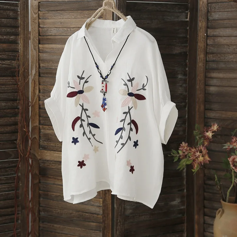 2017 Летний Пуловер с Короткими Рукавами Свободный Хлопок Лён Цветочная Вышивка