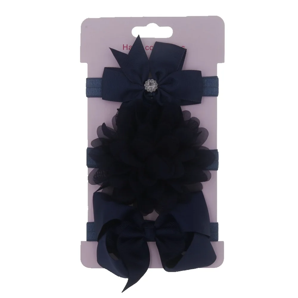 navy Nishine/3 шт./лот; бант из ленты; шифоновая повязка на голову с цветочным узором для маленьких девочек; милые детские ленты для волос с бантом; комплект головных уборов; реквизит для фотосессии - Цвет: navy