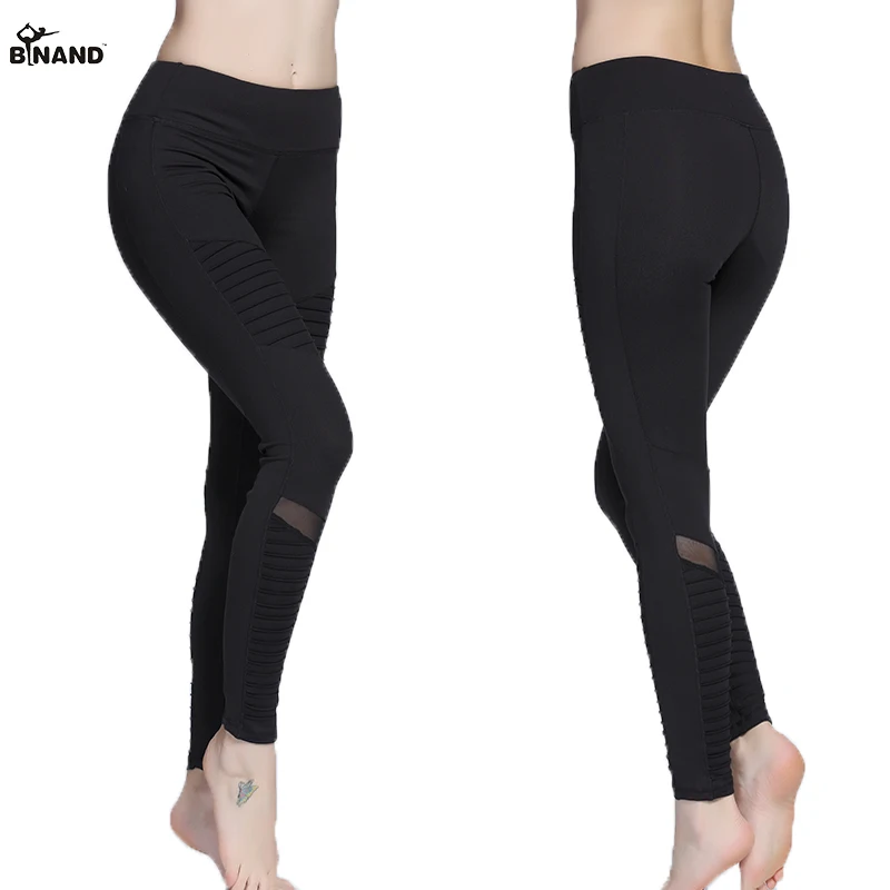 BINAND Professional Fabric Yoga Pants Solid Color Mesh Net Yarn Stitching Tight Sports Legging Quick Dry Training Fitness |