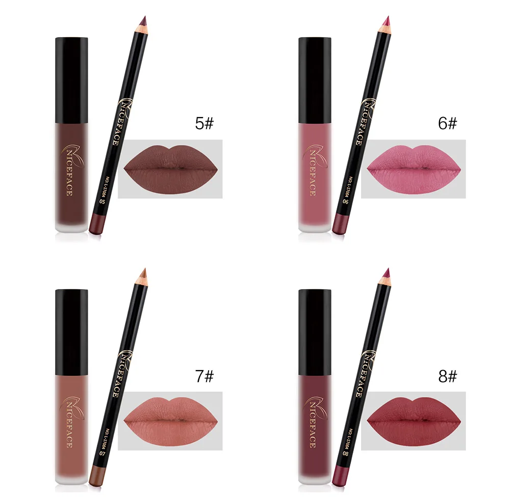 NICEFACE губная помада набор Стойкий матовый жидкий карандаш для губ+ бархатный карандаш для губ набор для макияжа водостойкий Batom сексуальный телесный блеск для губ