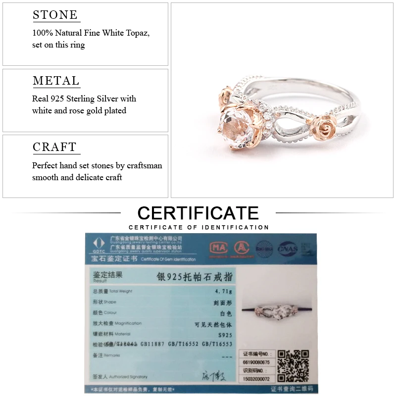 EDI романтическая серия натуральный белый топаз роза цветок ореол обручальное