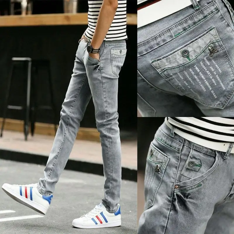 Streetwear Vintage Gray Jeans Bike Men Stretch Denim Pencil Pants Slim fit Ripped Hip hop Skinny Trousers | Мужская одежда