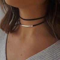 2017 new fashion bending tube velvet choker necklace double layer style torque black short leather necklace charm collier femme