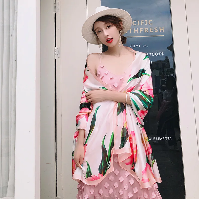 KOI LEAPING new fashion flower pattern scarves female outside holiday silk scarf beach towel Sunscreen long gift |