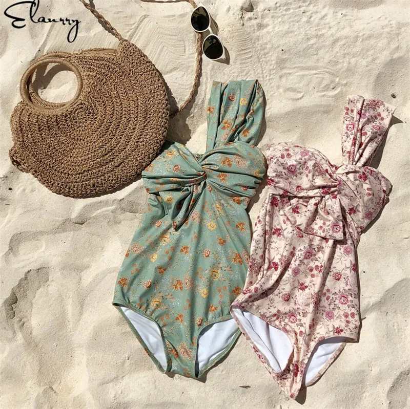 Женский Цельный купальник с цветочным принтом на одно плечо сексуальный