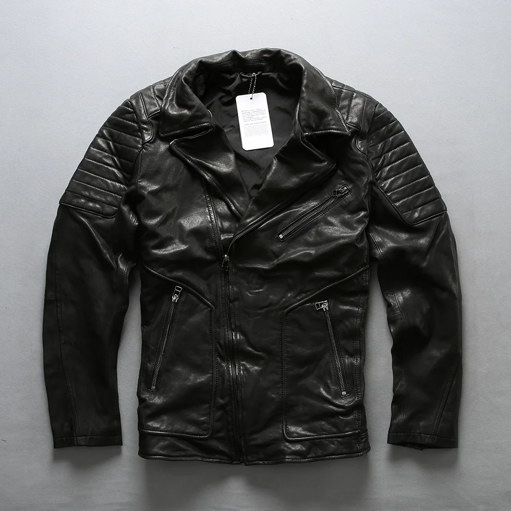 

AVIREXFLY Новинка 2018, Мужская Подлинная мотоциклетная куртка Leatehr, модная байкерская куртка с Диагональной молнией для растительного таннина, козьей шкуры