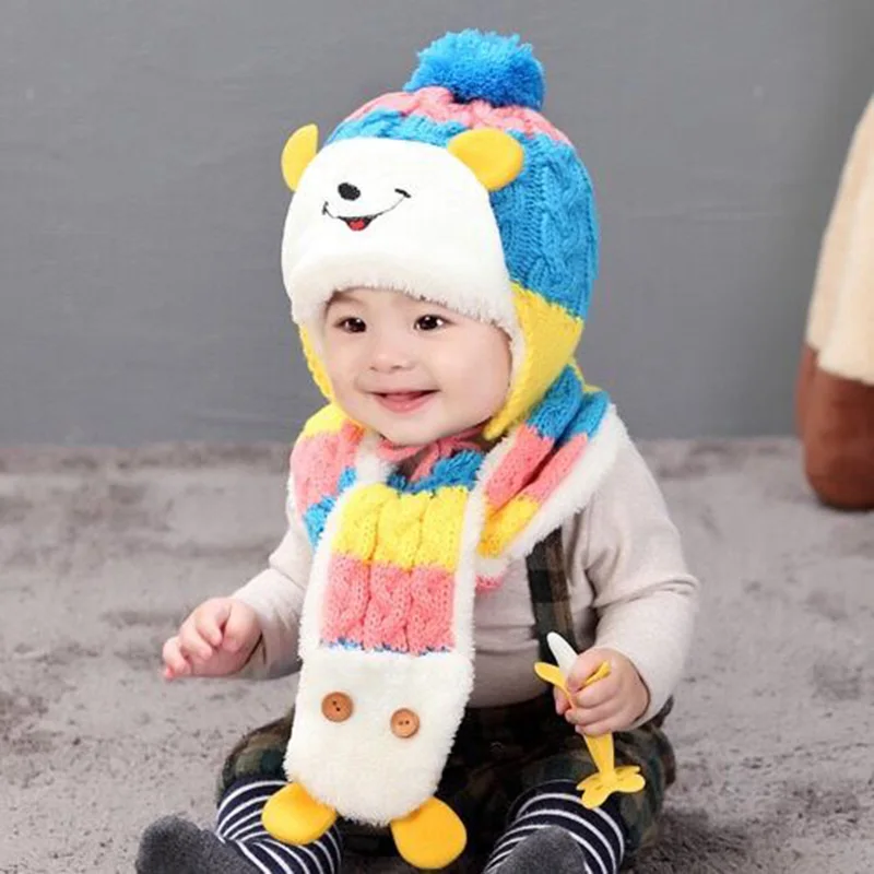 Baby hat scarf two - piece boys girls autumn winter Wear knit plush baby mickey knitting neck Warm caps Within three year |