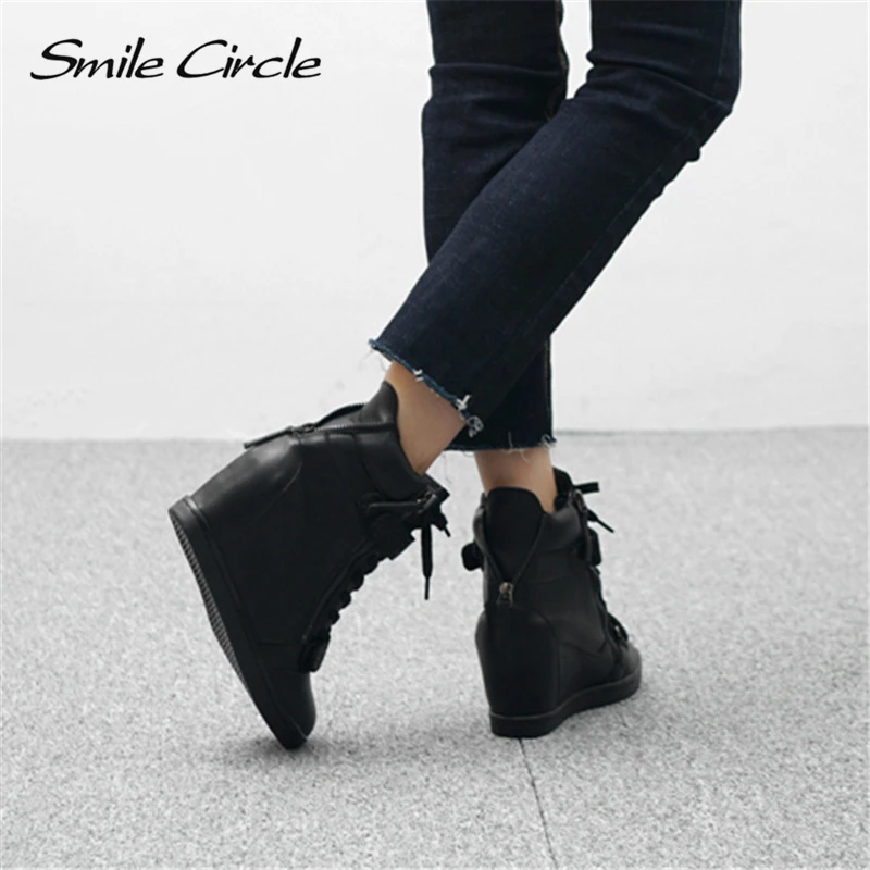 

Smile Circle Wedges Sneakers Women High heel Platform Shoes Fashion PU leather High-top Casual sneakers