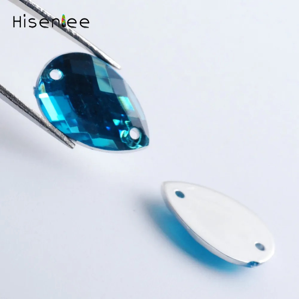 Hisenlee, 100 шт, 8x13 мм, Пришивные прозрачные AB кристаллы, каплевидные, 2 отверстия, плоская задняя сторона, акриловые Стразы для шитья, стразы для украшения своими руками - Цвет: aquamarine