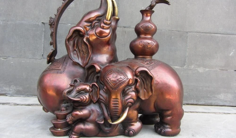Китайский красный бронзовый медный счастливый благоприятный Ru Yi gourd Три Слона