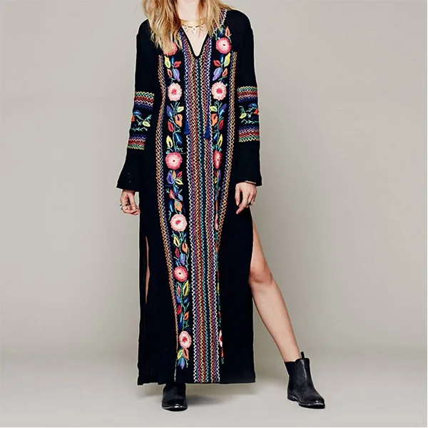 Женское длинное платье с винтажной цветочной вышивкой пляжное длинным рукавом в