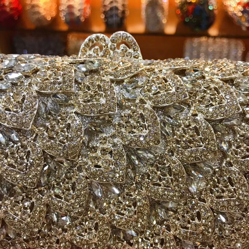 

Socialite Hollow Out gold leaf Hardcase Women silver Crystal Evening Purse Wedding Party Prom Handbag Clutch Bag messenger bags