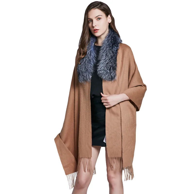 Осенне-зимние шали из натурального меха енота с кисточками женские кашемировые