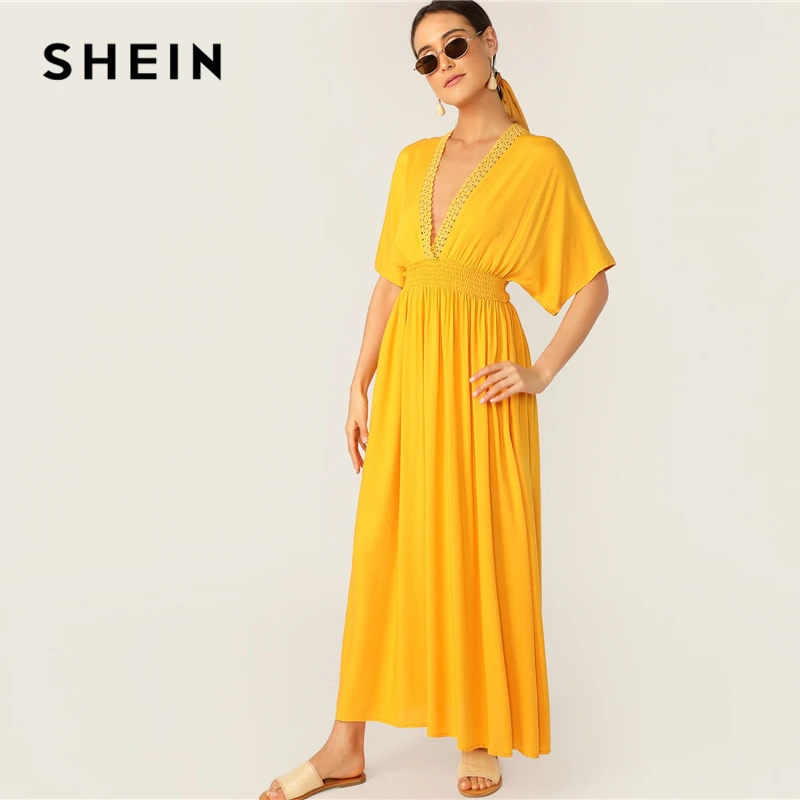 SHEIN Женские Летние Платья С Кружевами И V-Образным Вырезом И отделкой Яркое Летнее Макси Платье