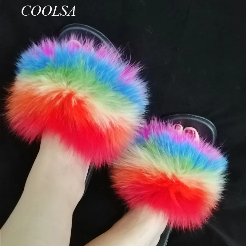 Summer Ladies Colorful Fox Fur Fluffy Slippers Women's Lovely Plush Real Fox Hair Slides Party Furry Flip Flops Women's Sandals images - 6