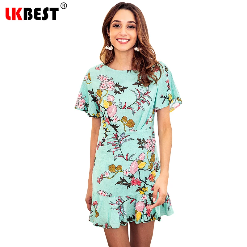 LKBEST Новое поступление 2019 летнее зеленое мини-платье с принтом повседневное