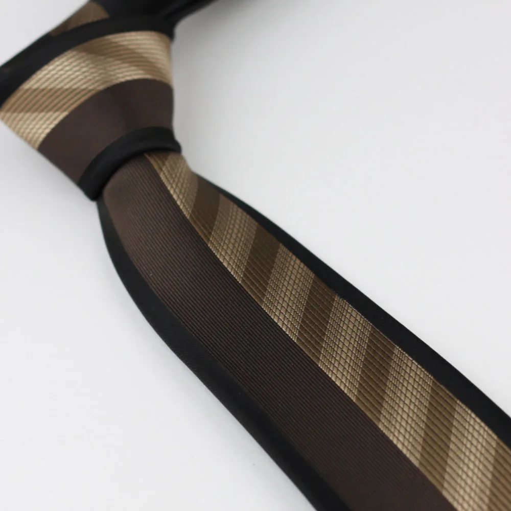 Мужские галстуки тонкий черный бордюр коричневый полукофейный полосатый