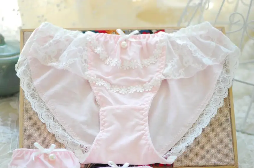 Pink Настоящие фотографии, Размеры M, L, XL, милые хлопковые уникальные кружевные трусики принцессы с бантом и жемчужинами, нижнее белье, трусики-стринги WP228 - Цвет: Pink