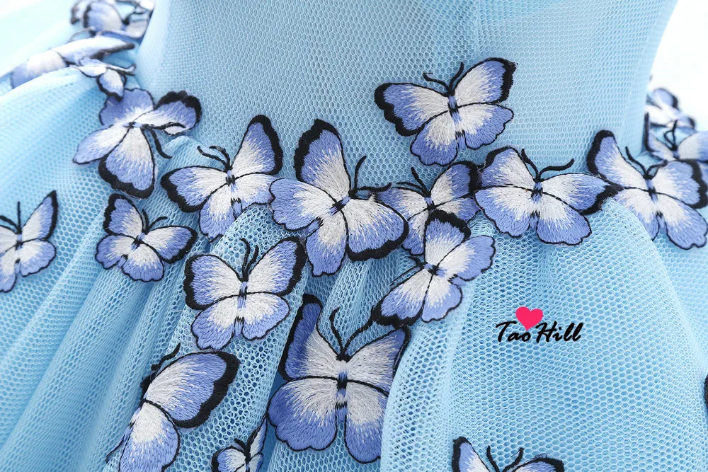 TaoHill Free Shipping Ball Gown Deep V-neck Sky Blue Evening Dress Straps With Butterfly Flowers Princess Party Dresses | Свадьбы и