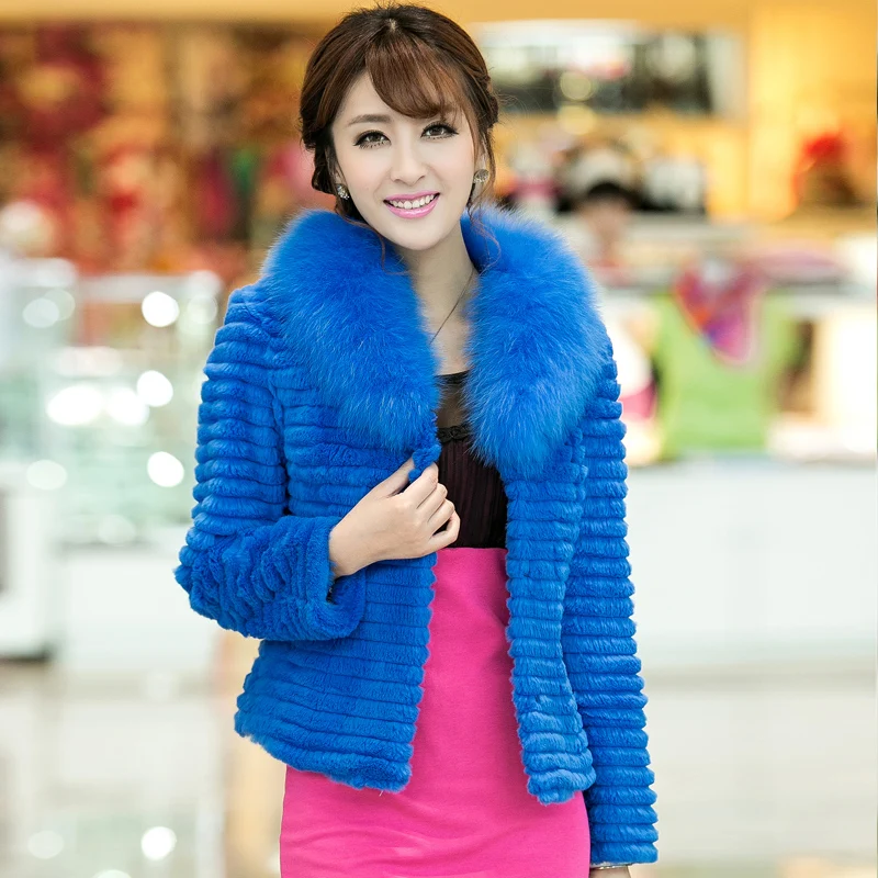 Женская куртка из натурального кроличьего меха пальто с воротником лисьего