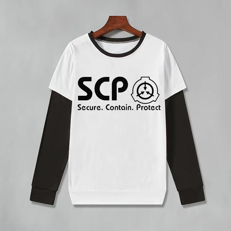 Мужская футболка с длинными рукавами SCP Весенняя круглым вырезом и принтом букв