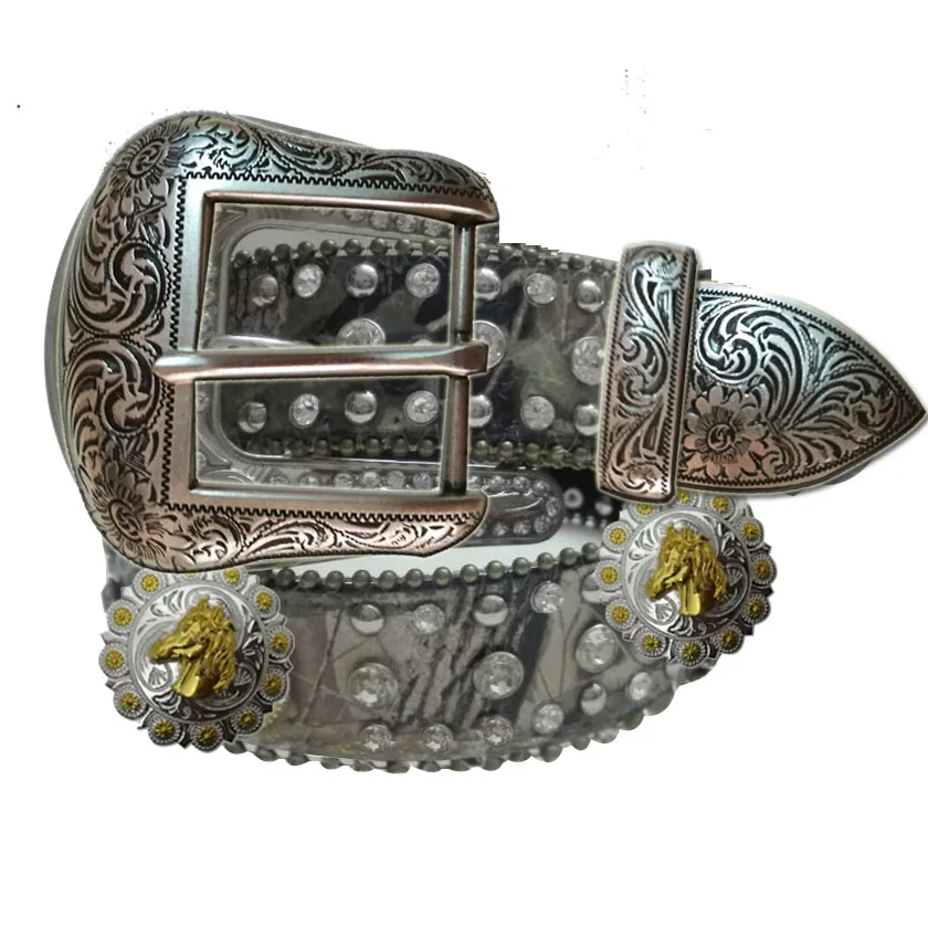 Круглая голова лошади rider pu ткань камуфляж воловья кожа кристалл золотой conchos