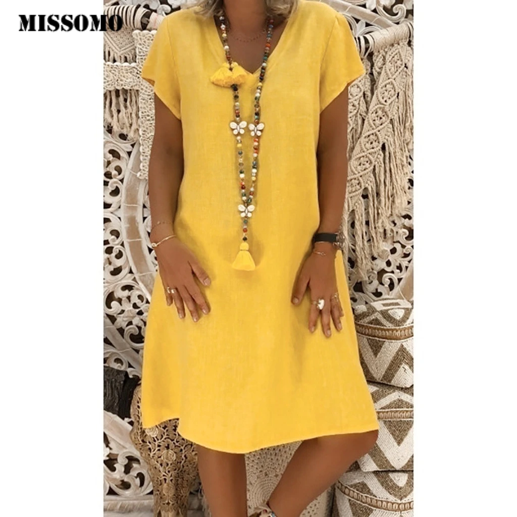 MISSOMO 5XL женское длинное платье из хлопка и льна летнее повседневное пляжное с v