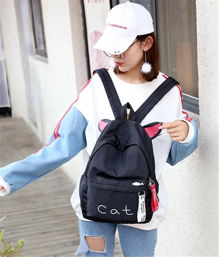 Милый рюкзак с котом, школьный женский холщовый рюкзак для девочек-подростков, повседневный милый рюкзак с кошачьими ушками, модные сумки на плечо для женщин