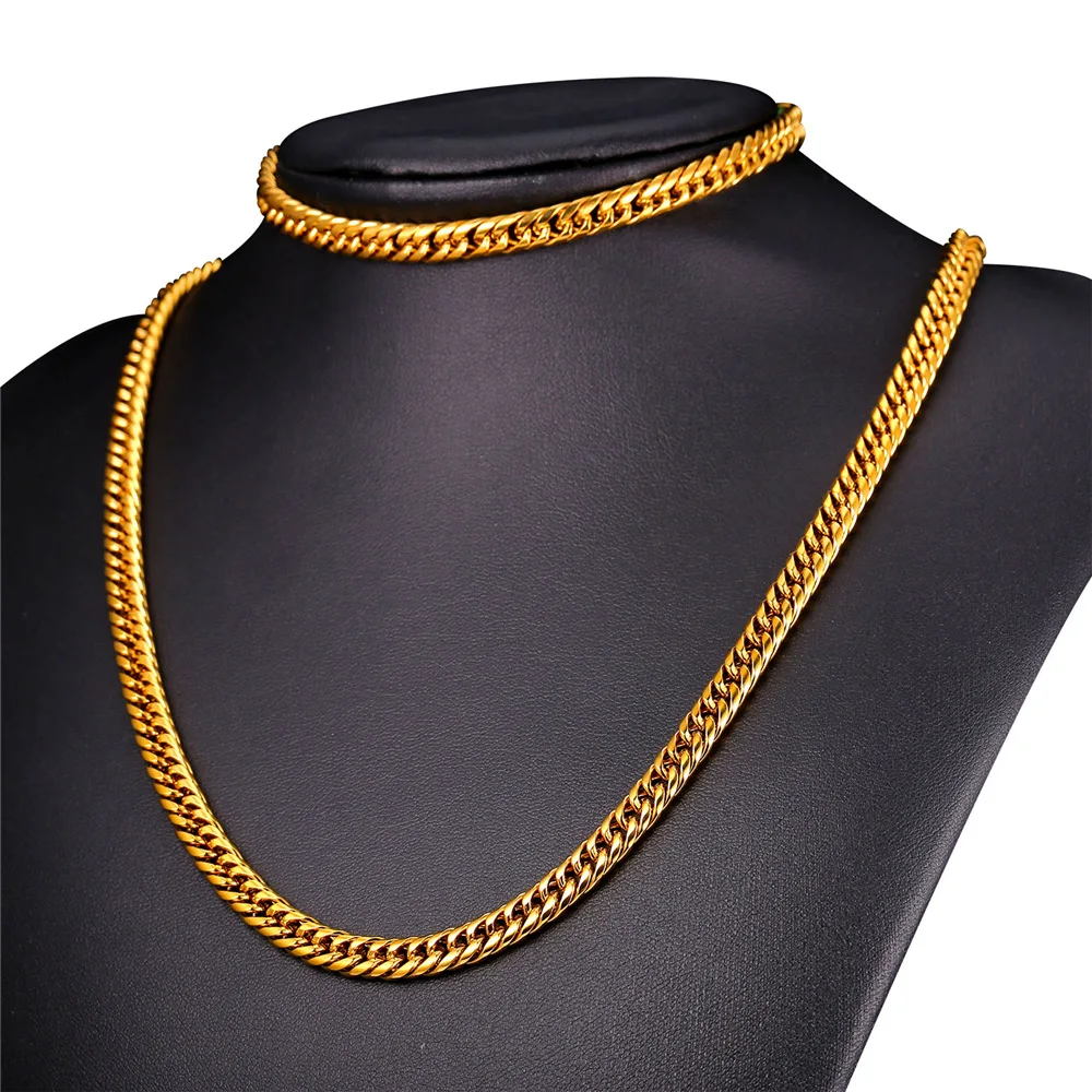 U7 Позолоченный Панцирь Цепь Ожерелье и Браслет Ювелирные Наборы Щирина 6mm Хип Хоп