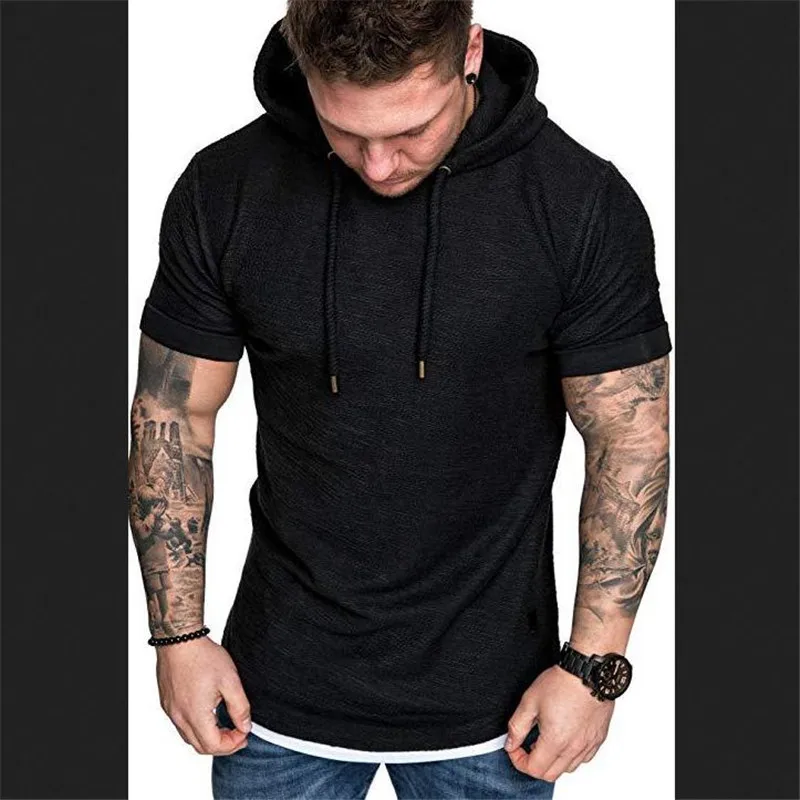 Мужская футболка лето 2019 модная с капюшоном на бретельках коротким рукавом