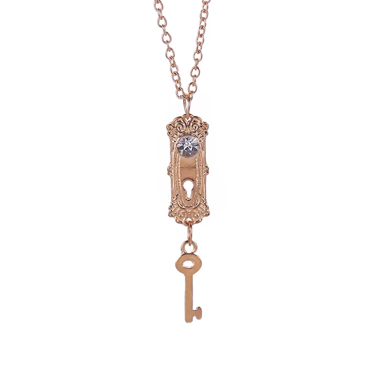 Alice In Wonderland Necklace Lock And Key Crystal Rhinestone Gold Pendant Fantasy Jewelry For Girls Lady Women Lovers Wholesale