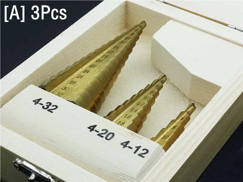 A 3Pcs HSS Титан азота спираль рифленые металлические увеличивающиеся фильтры Сверла Набор для сверления отверстий дерева конус бурения керна пила инструменты Биты+ Кернер - Цвет: A 3Pcs