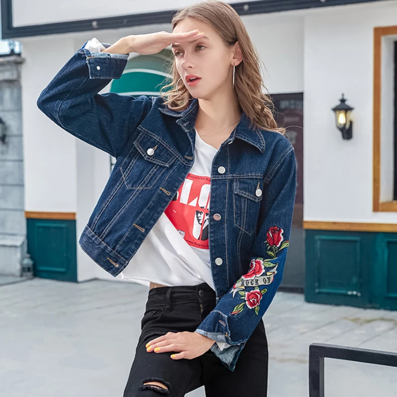 Вышитая короткая Мода Ретро Вышивка джинсовая куртка женская 2019 Весенняя новая