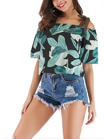 

2021 summer women's new word collar off-shoulder beach chiffon shirt tie strap floral holiday shirt women
