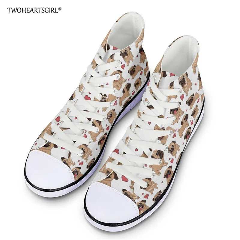 Twoheartsgirl Hippies Pug Women Lace up Canvas Shoes High-top Comfortable Vulcanized Students High Quality Sneakers | Обувь