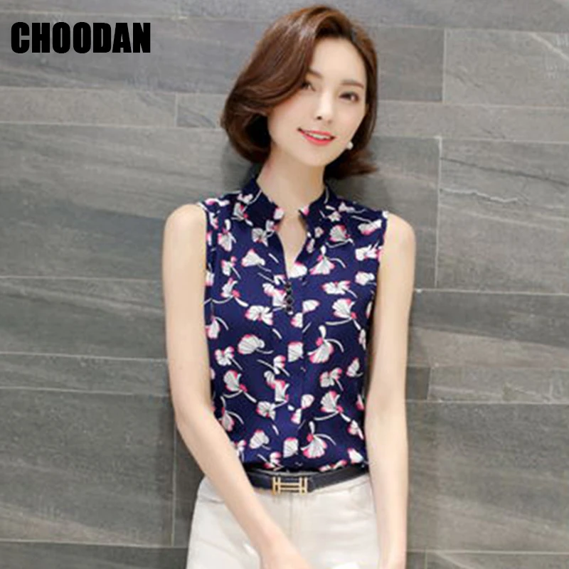 Summer Tops For Women 2018 Sleeveless Blouse Shirt Ladies Chiffon Blouses Female New Stand Collar Print Korean Fashion Clothing |