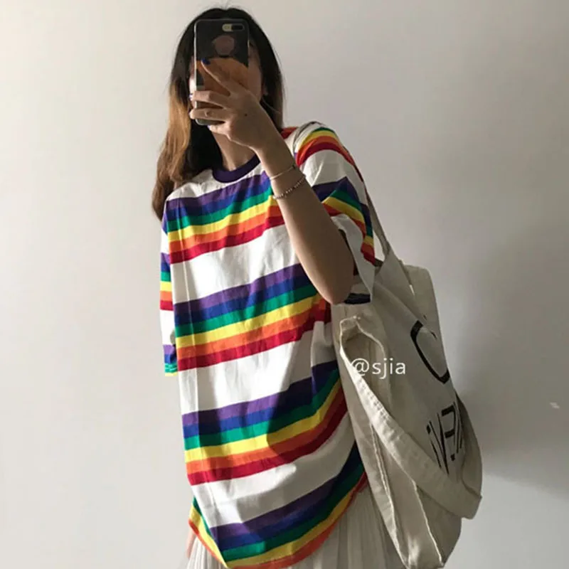 Harajuku радужные полосатые топы с коротким рукавом женские летние футболки