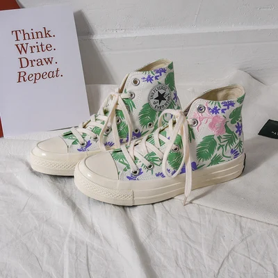 white high 1970s парусиновая обувь с вышивкой для женщин; Новинка года; кроссовки для студентов в Корейском стиле; обувь для скейтборда с цветочным узором на шнуровке; высокие кроссовки; Размеры 35-40 - Цвет: white high